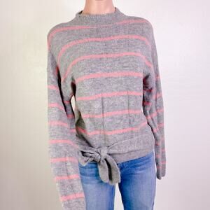 WAYF Striped Mock Neck Tie Waist Pullover Sweater Gray Pink Wool Blend Small